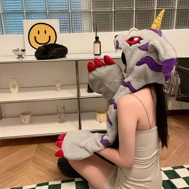 Anime Gabumon Plüsch Hut Schal und Handschuhe, Drei-in-eins Niedlicher Cartoon