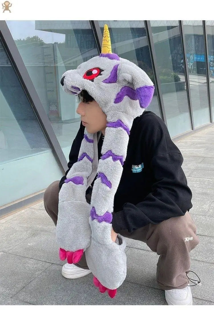 Anime Gabumon Plüsch Hut Schal und Handschuhe, Drei-in-eins Niedlicher Cartoon