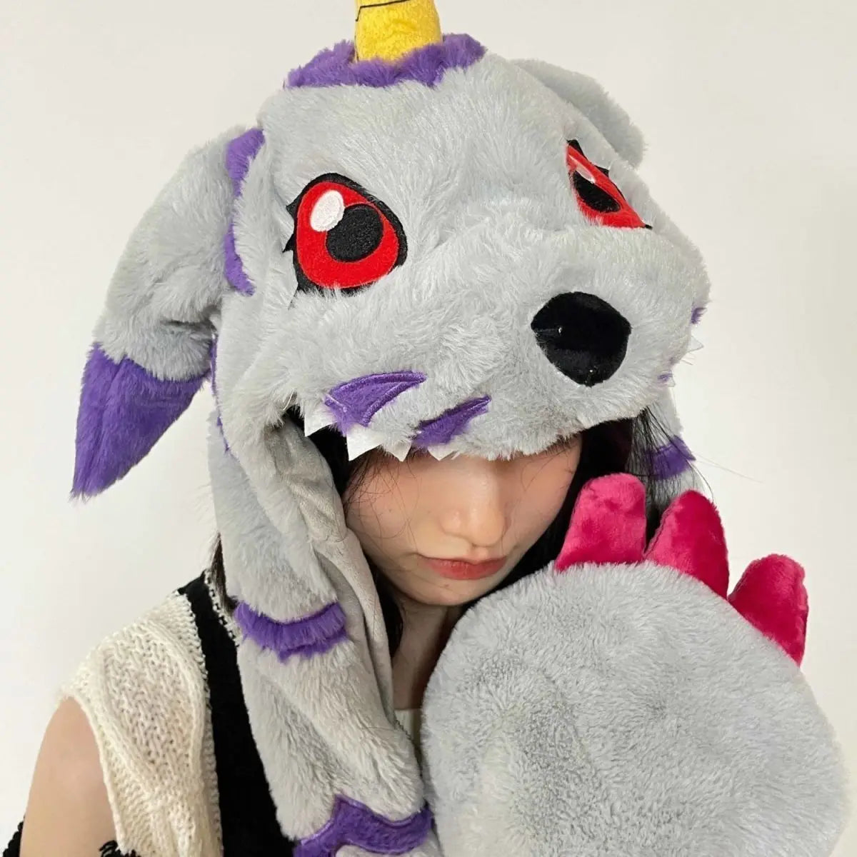 Anime Gabumon Plüsch Hut Schal und Handschuhe, Drei-in-eins Niedlicher Cartoon