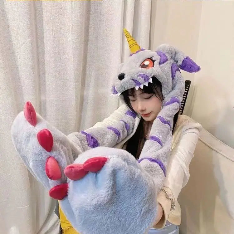 Anime Gabumon Plüsch Hut Schal und Handschuhe, Drei-in-eins Niedlicher Cartoon