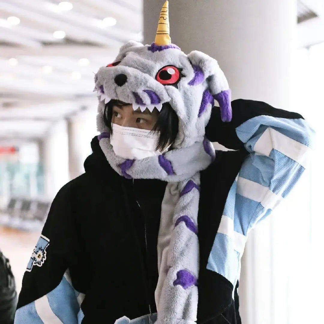 Anime Gabumon Plüsch Hut Schal und Handschuhe, Drei-in-eins Niedlicher Cartoon