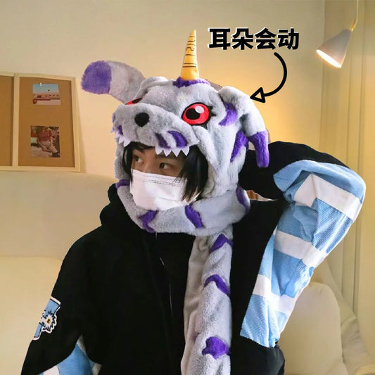 Anime Gabumon Plüsch Hut Schal und Handschuhe, Drei-in-eins Niedlicher Cartoon
